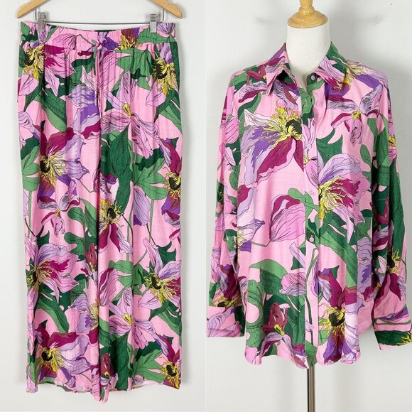 Express 2 Piece Matching Set Pink Floral Shirt & Pants Tropical Size Large Women - Picture 1 of 7